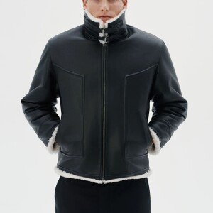 Men Black Shearling Bomber Jacket