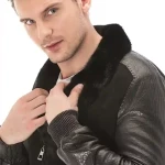 Men’s Black Suede Leather Bomber Jacket With Fur Collar