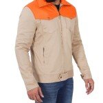 Mens Beige and Orange Two-Tone Cotton Jacket - Trucker Style