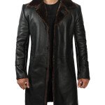 Mens Long Black Leather Coat with Brown Fur Shearling