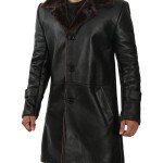 Mens Long Black Leather Coat with Brown Fur Shearling
