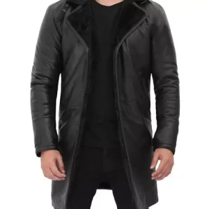 Men's Black Shearling Leather Coat - 3/4 Length