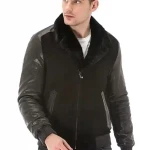 Men’s Black Suede Leather Bomber Jacket With Fur Collar