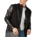 Black Real Sheepskin Crocodile Printed Stand Up Collar Suede Leather Coat