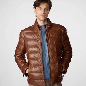 Distressed Leather Brown Puffer Jacket