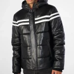 Hooded Puffer Leather Jacket With Stripes