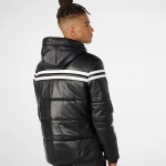 Hooded Puffer Leather Jacket With Stripes