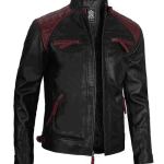 Black and Maroon Quilted Cafe Racer Men's Leather Jacket
