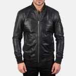 Bomia Black Leather Bomber Jacket