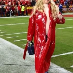 Brittany Mahomes Red Patent Leather Coat