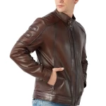Genuine Sheepskin Distressed Waxed Leather Jacket With Band Style Snap Button