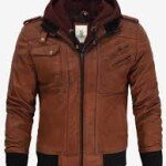Edinburgh Mens Brown Leather Bomber Jacket With Removable Hood