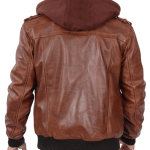 Men's Brown High-Quality Leather Bomber Jacket with a Removable Hood