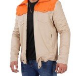 Mens Beige and Orange Two-Tone Cotton Jacket - Trucker Style