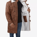 Men's 3/4 Length Distressed Brown Sherpa Leather Coat