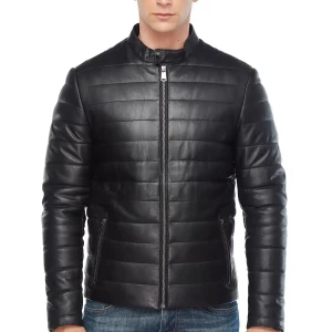 Genuine Black Leather Men’s Puffer Jacket