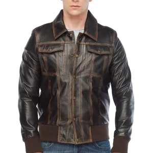 Real Distressed Leather Bomber Jacket