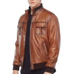 Tan Brown Leather Bomber Jacket