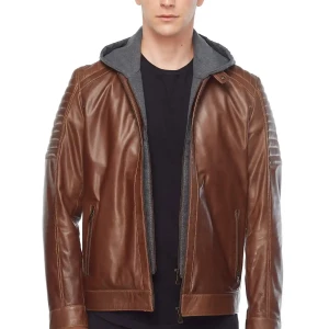 Brown Hooded Men’s Leather Jacket