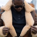 Rocco Vintage Distressed Brown Aviator bomber shearling jacket with hoodie