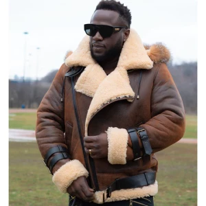 Rocco Vintage Distressed Brown Aviator bomber shearling jacket with hoodie