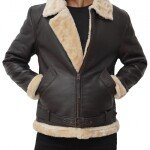 Mens Shearling Dark Brown Leather Bomber Jacket